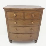 Victorian mahogany bow front chest, two short and three long drawers on turned supports, W102cm, H12