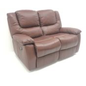 Two seat reclining sofa upholstered in brown leather, W150cm