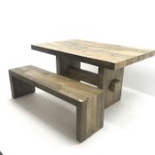 West Elm - reclaimed waxed pine dining table, square end supports joined by single stretcher (W158cm