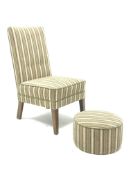 Beech framed nursing chair upholstered in buttoned green striped fabric with matching circular foots