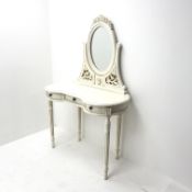 French style white kidney dressing table, raised oval mirror back, three drawers, turned tapering re