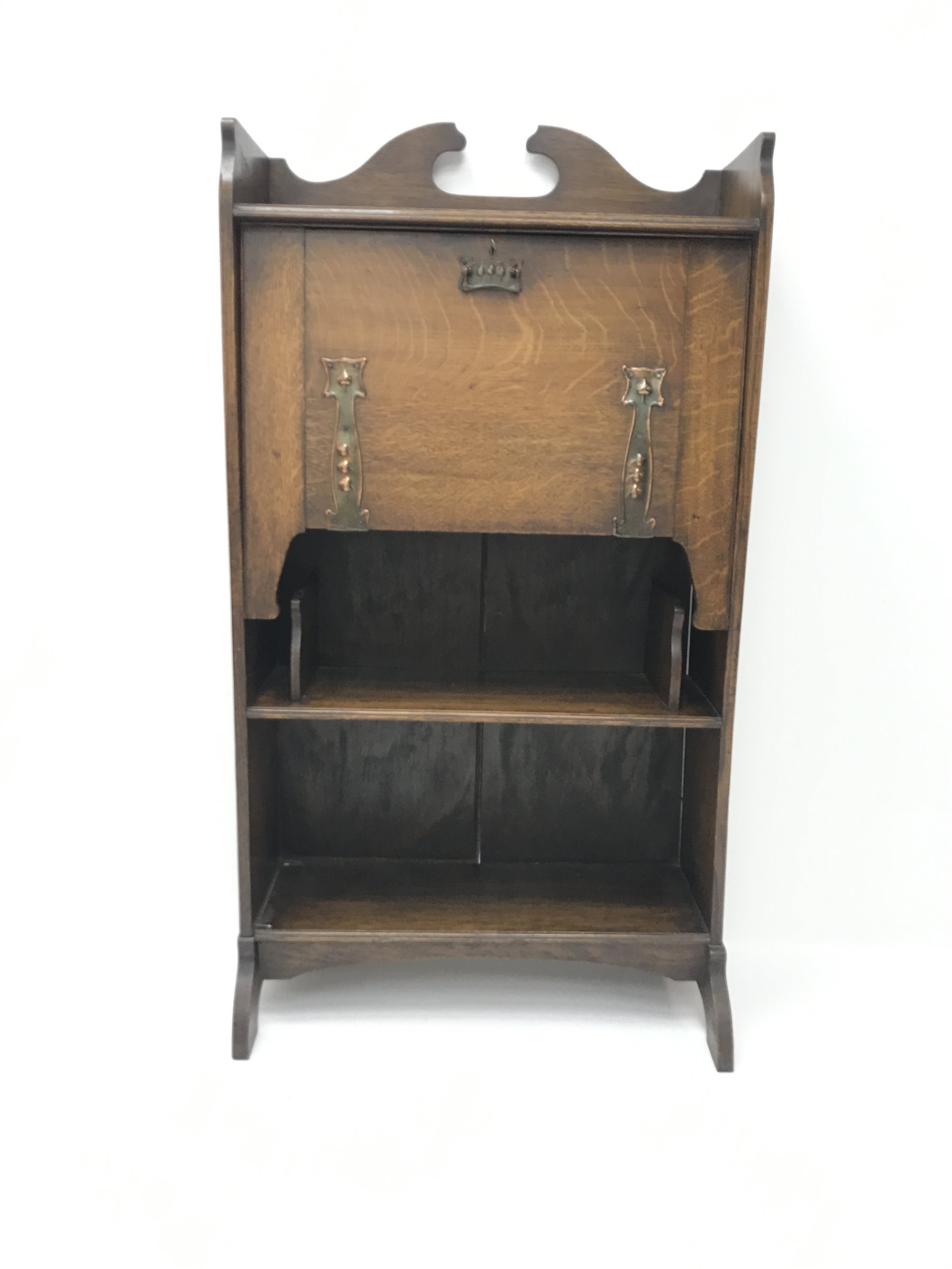 Art Nouveau period oak writing desk with decorative anodised strap hinges, retailed by Denby & Spink - Image 2 of 6