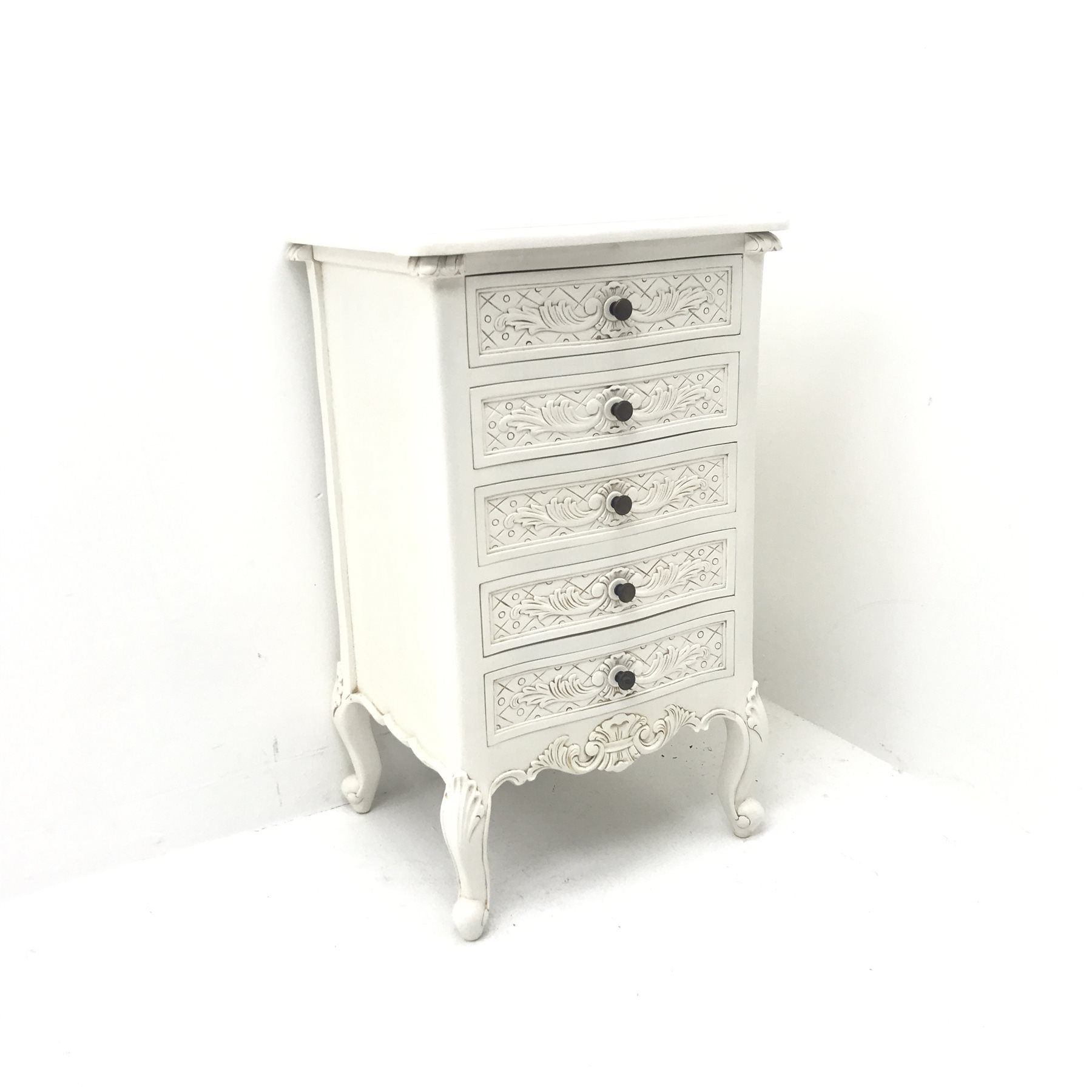 French style white finish pedestal chest, shaped top, five drawers, shell carved cabriole feet, W54c - Image 3 of 6