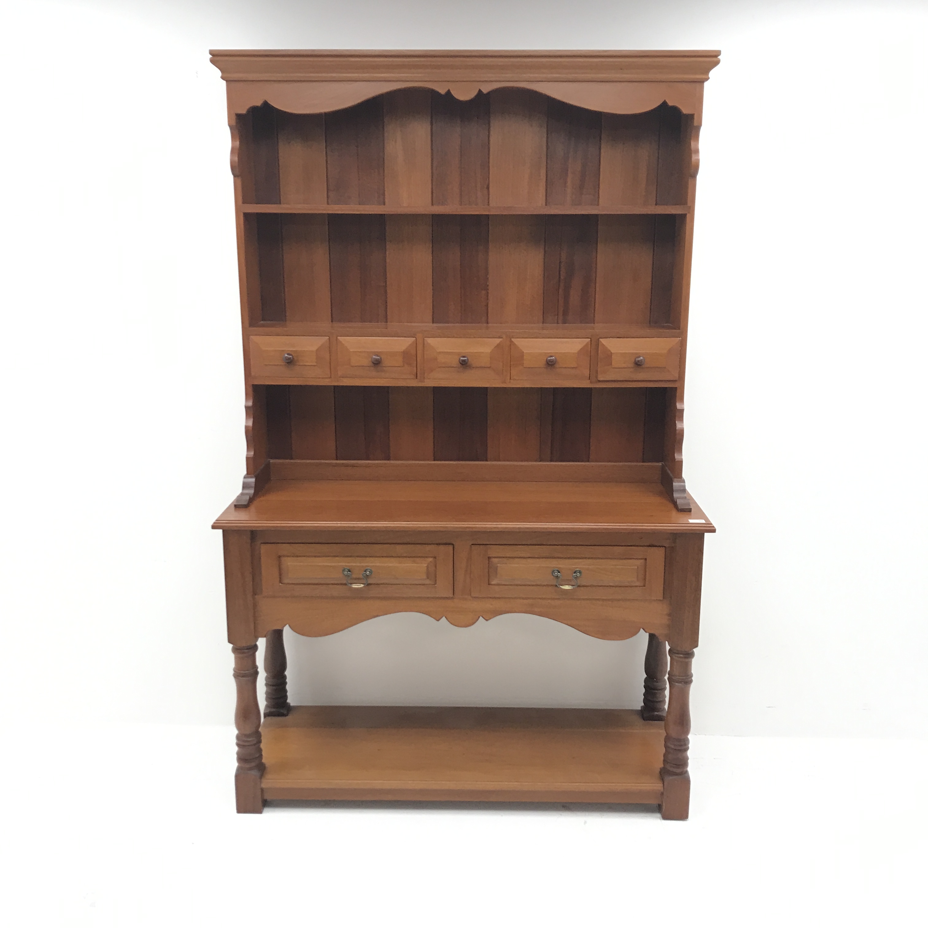 20th century mahogany dresser, raised two tier plate rack with five trinket and two drawers, turned - Image 7 of 10