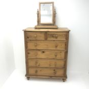 Solid pine chest fitted with two short and four long drawers, turned supports (W98cm, H121cm, D51cm)