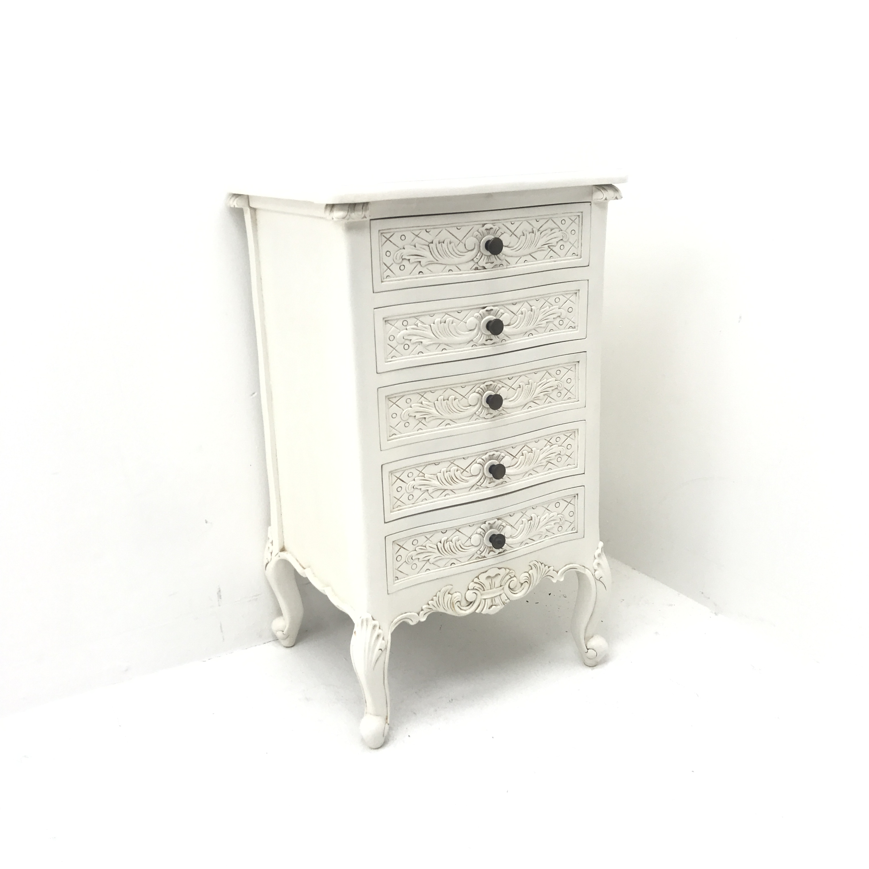 French style white finish pedestal chest, shaped top, five drawers, shell carved cabriole feet, W54c - Image 5 of 6