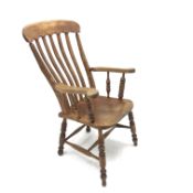 Victorian elm and beech farmhouse armchair, turned supports joined by stretcher, W64cm