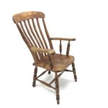 Victorian elm and beech farmhouse armchair, turned supports joined by stretcher, W64cm