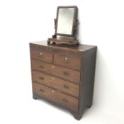 Early 19th century inlaid mahogany chest, two short and three long drawers, shaped bracket supports