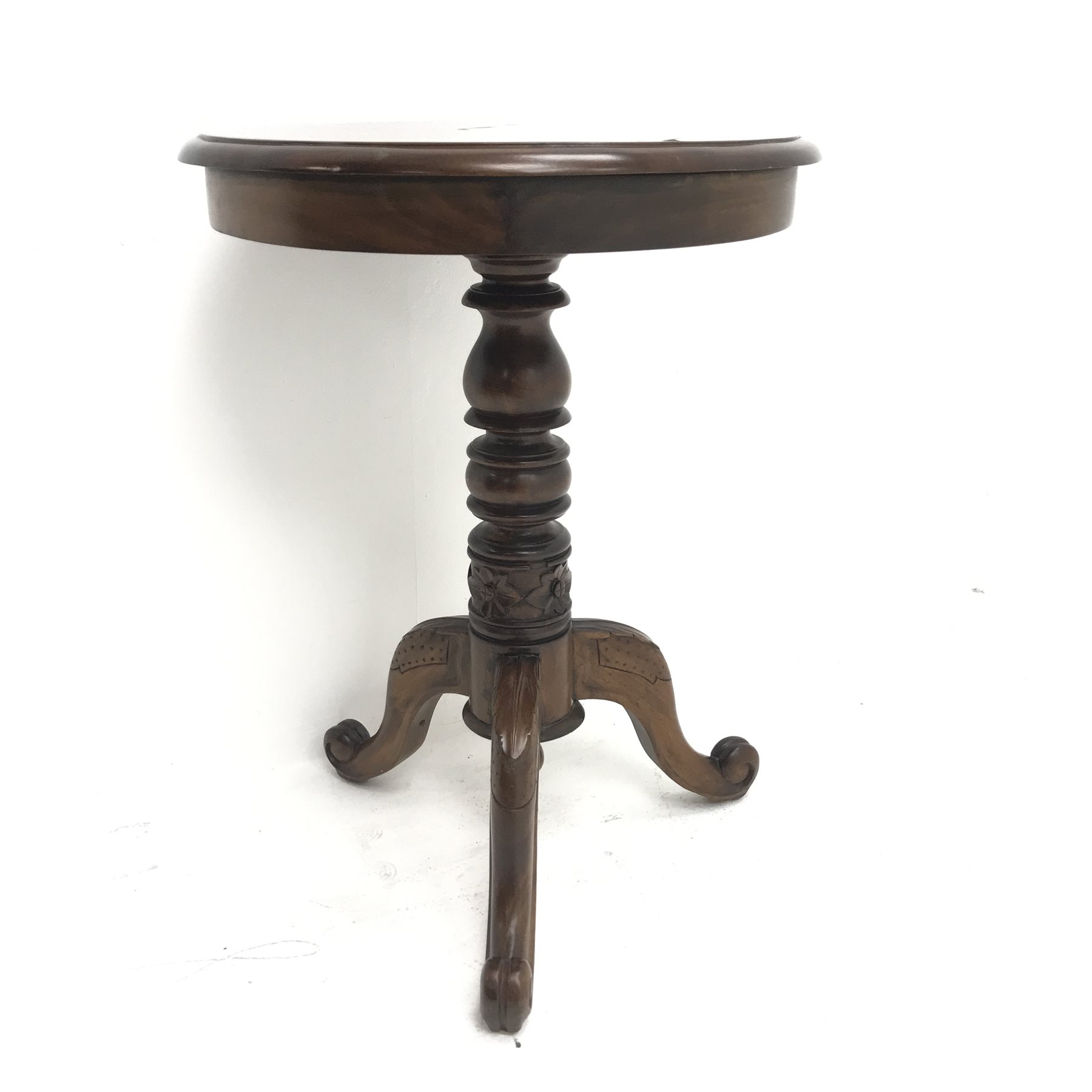 Victorian style mahogany occasional table, single turned and carved column on three scrolling feet ( - Image 3 of 11