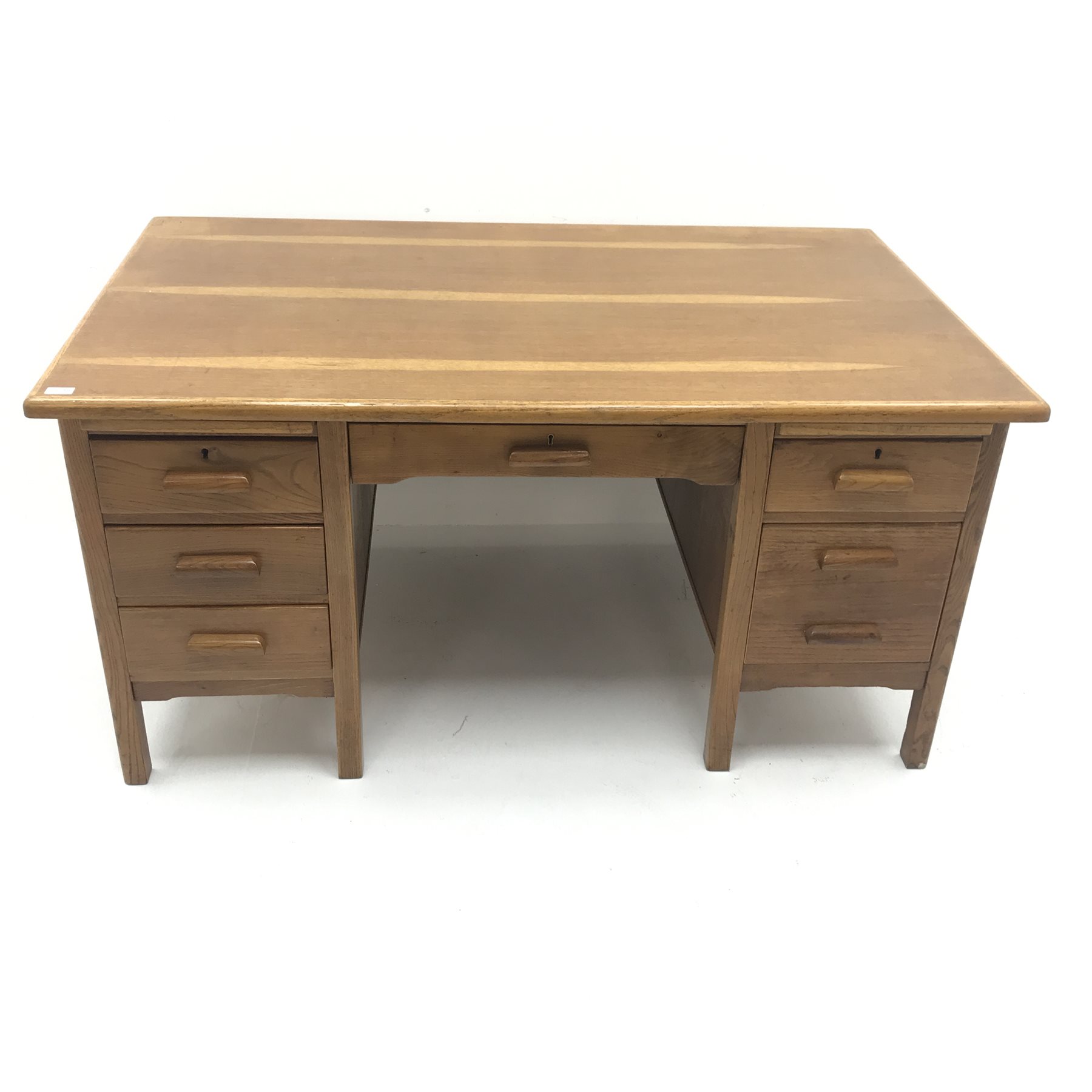 20th century medium oak desk, two slides, single frieze and six drawers, square supports, W152cm, H7 - Image 3 of 8
