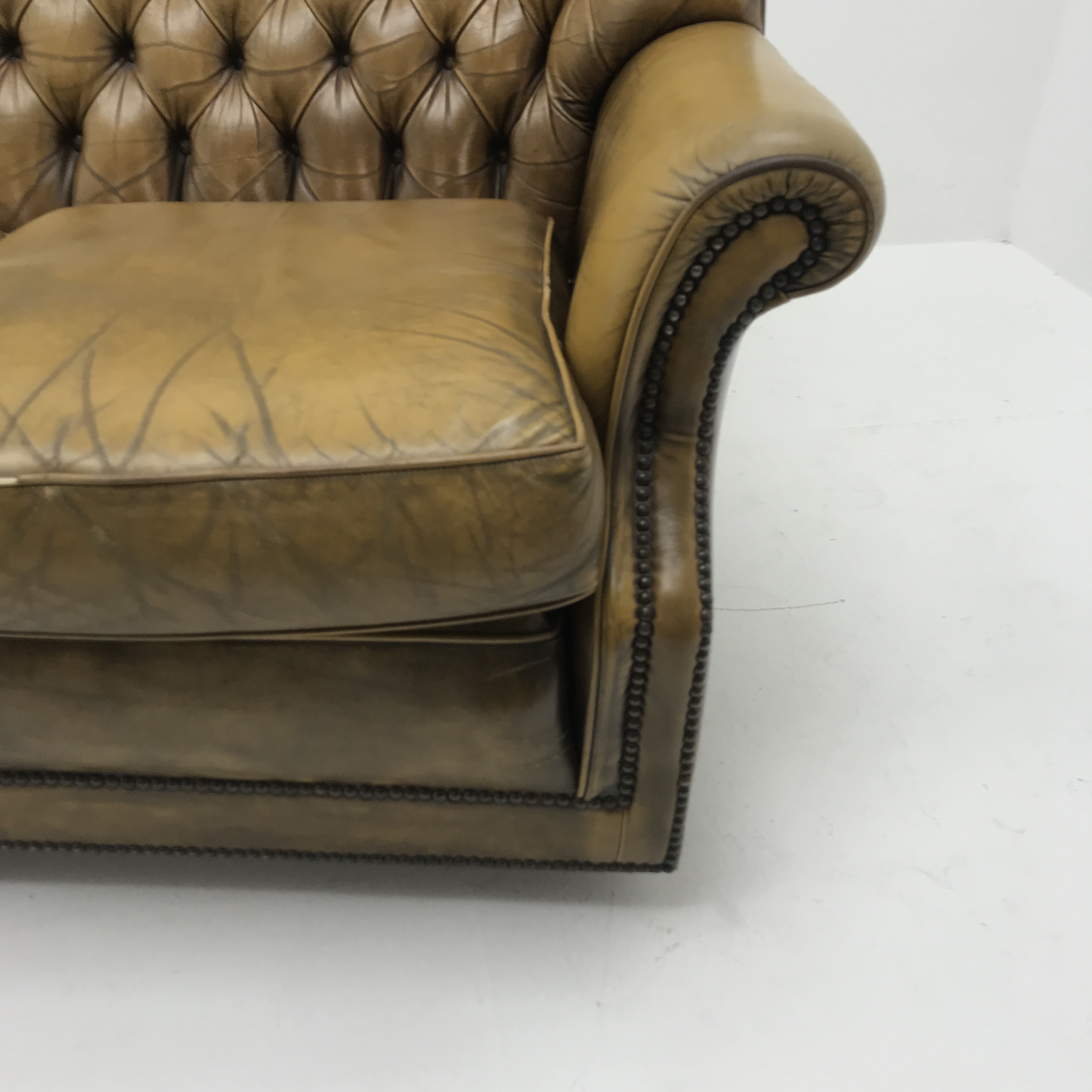 Pegasus three seat sofa upholstered in deeply buttoned antique brown leather, W185cm - Image 10 of 12