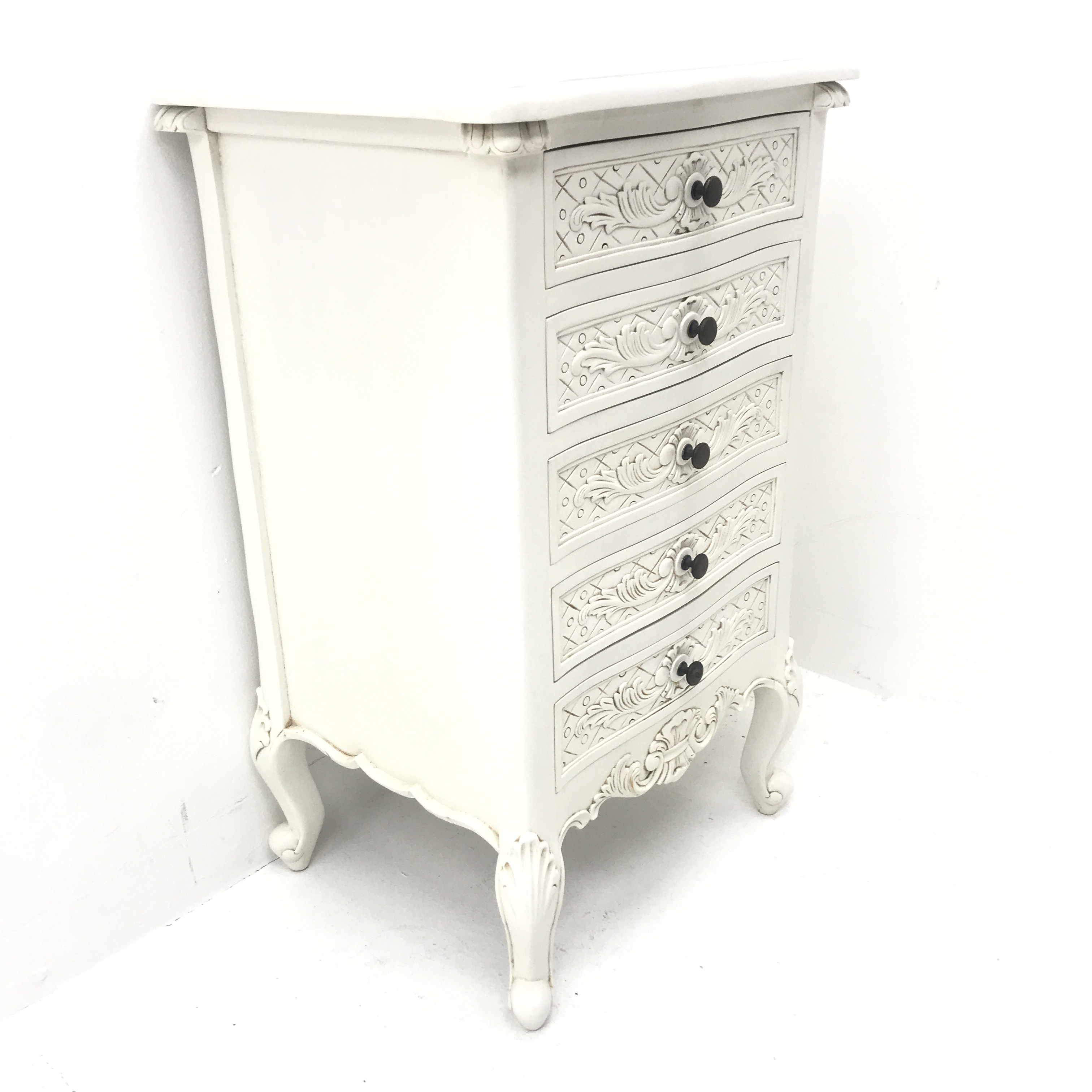 French style white finish pedestal chest, shaped top, five drawers, shell carved cabriole feet, W54c - Image 6 of 6