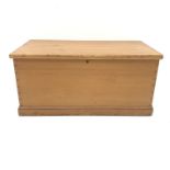 Victorian pine chest, hinged lid, two metal carrying handles, W104cm, H50cm, D54cm