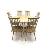 ercol light elm and beech oval drop leaf dining table (114cm x 124cm, H72cm), and set six ercol 'Win