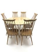 ercol light elm and beech oval drop leaf dining table (114cm x 124cm, H72cm), and set six ercol 'Win