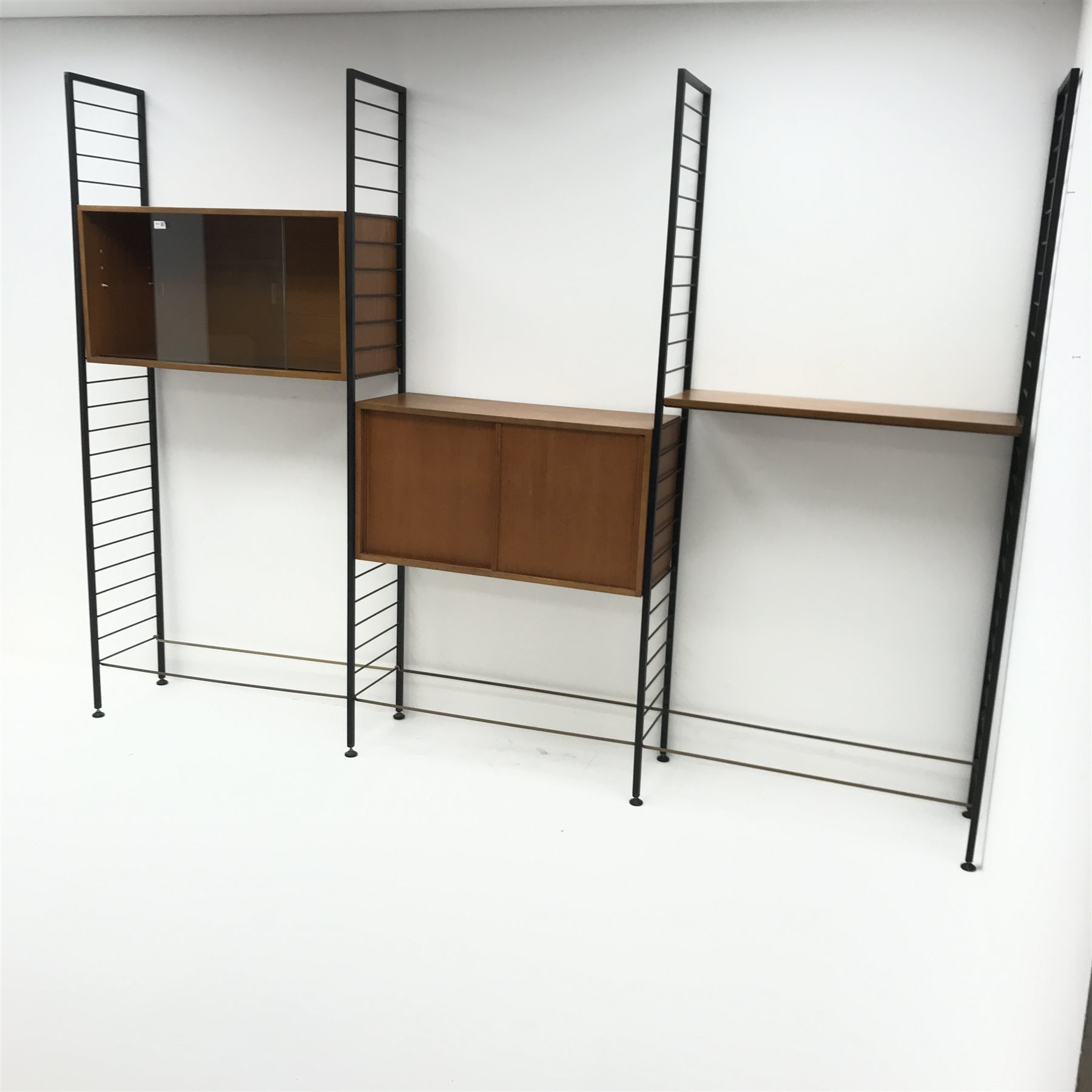 Staples Ladderax three bay sectional wall unit, two teak units comprising of solid and glazed slidin - Image 9 of 16