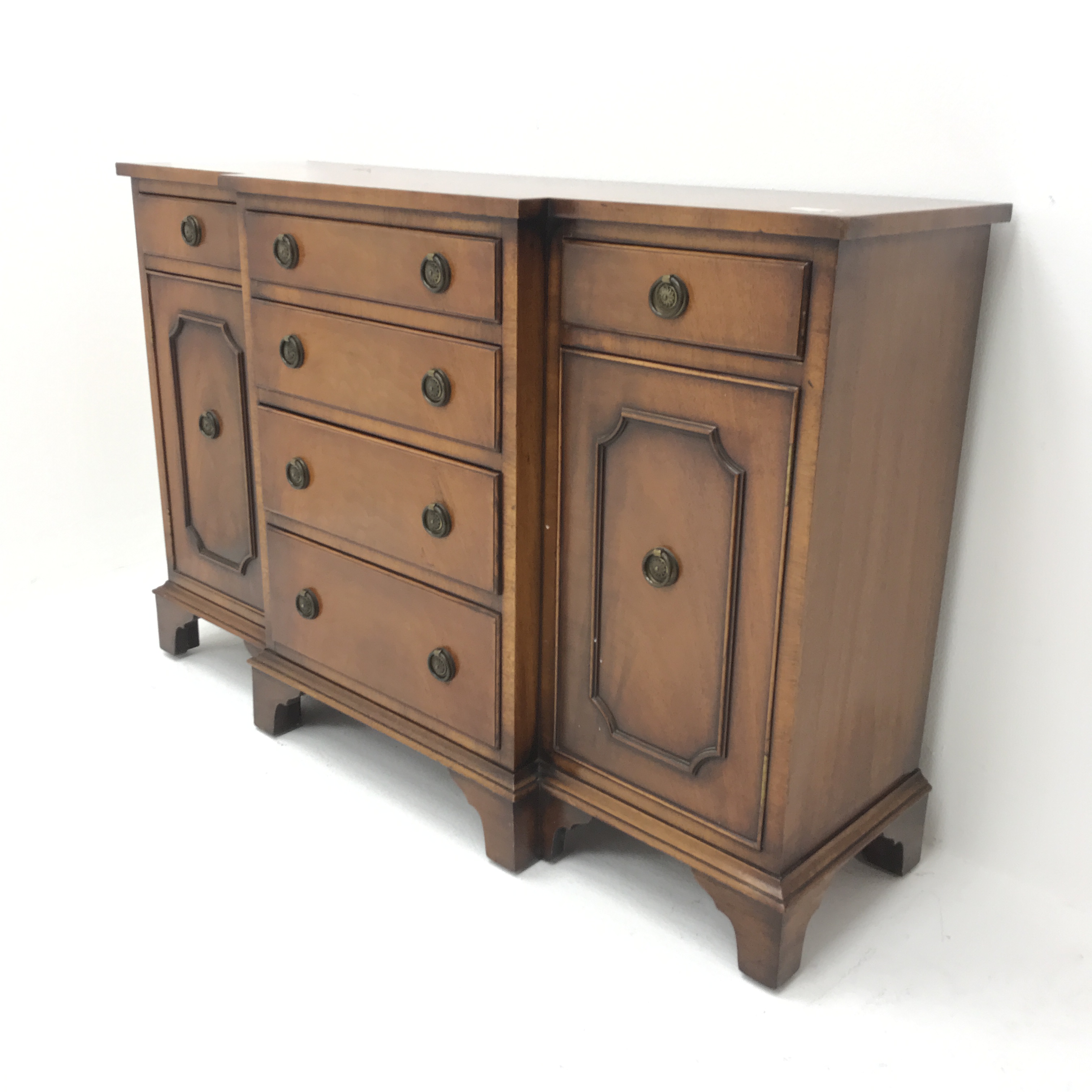 Bevan Funnell Reprodux small cross banded mahogany breakfront sideboard, six drawers, two cupboards,