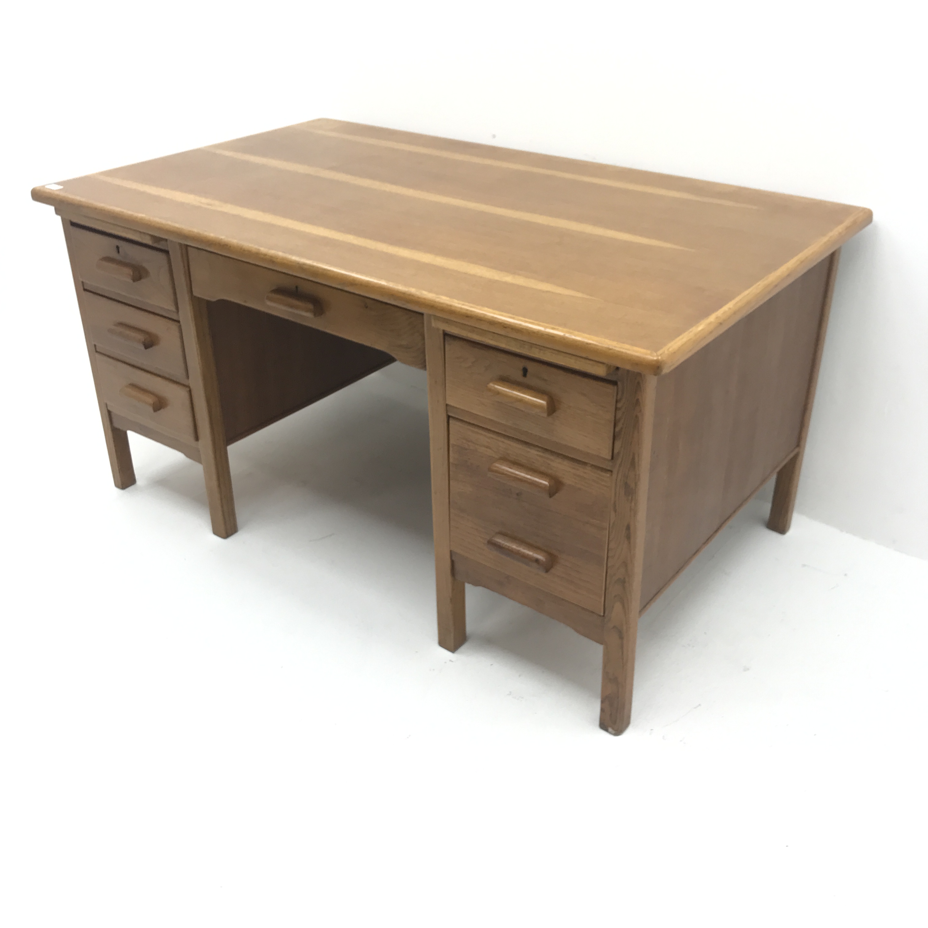 20th century medium oak desk, two slides, single frieze and six drawers, square supports, W152cm, H7 - Image 7 of 8
