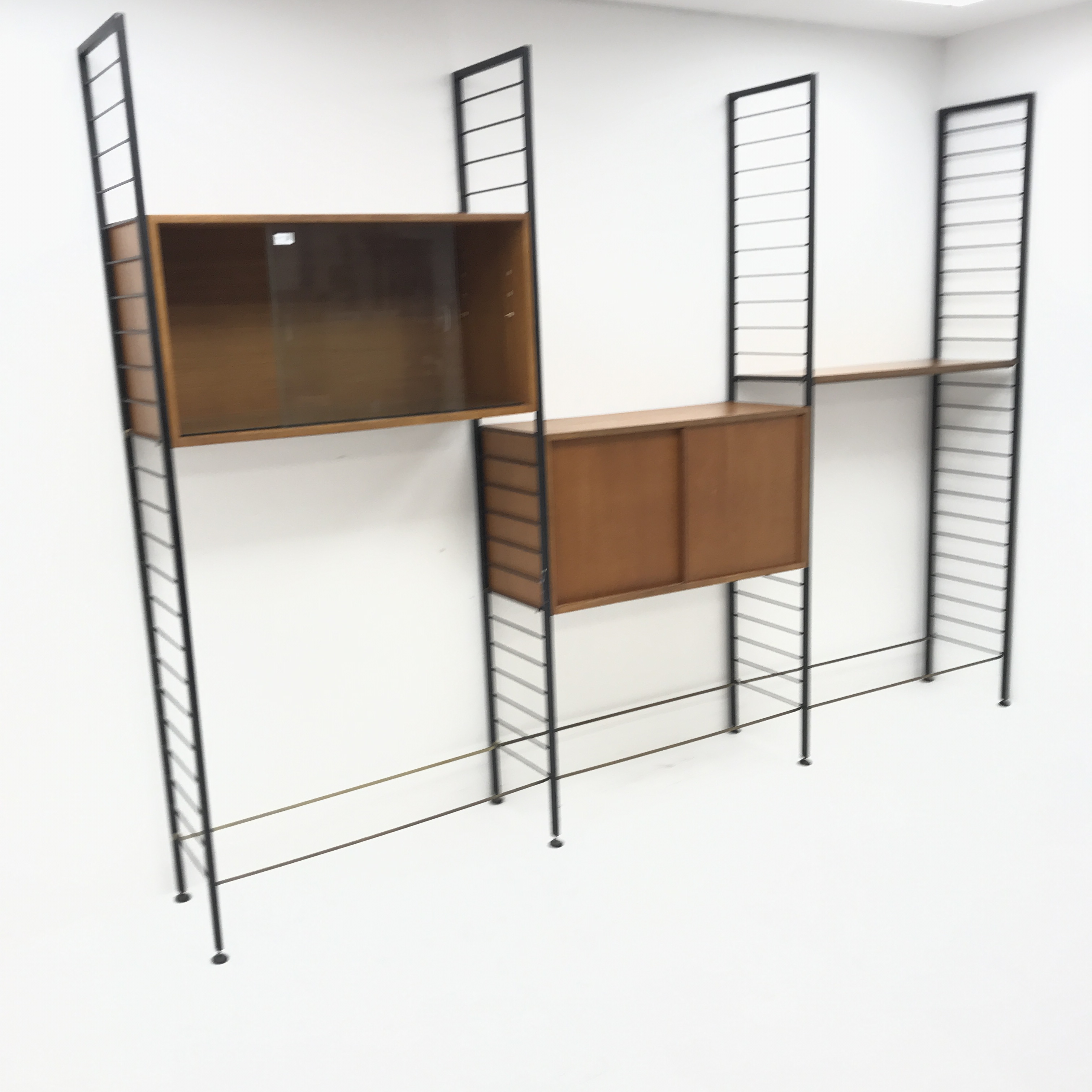 Staples Ladderax three bay sectional wall unit, two teak units comprising of solid and glazed slidin - Image 14 of 16