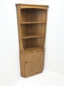 ercol light elm corner cabinet, two fixed shelves above single cupboard, W77cm, H180cm