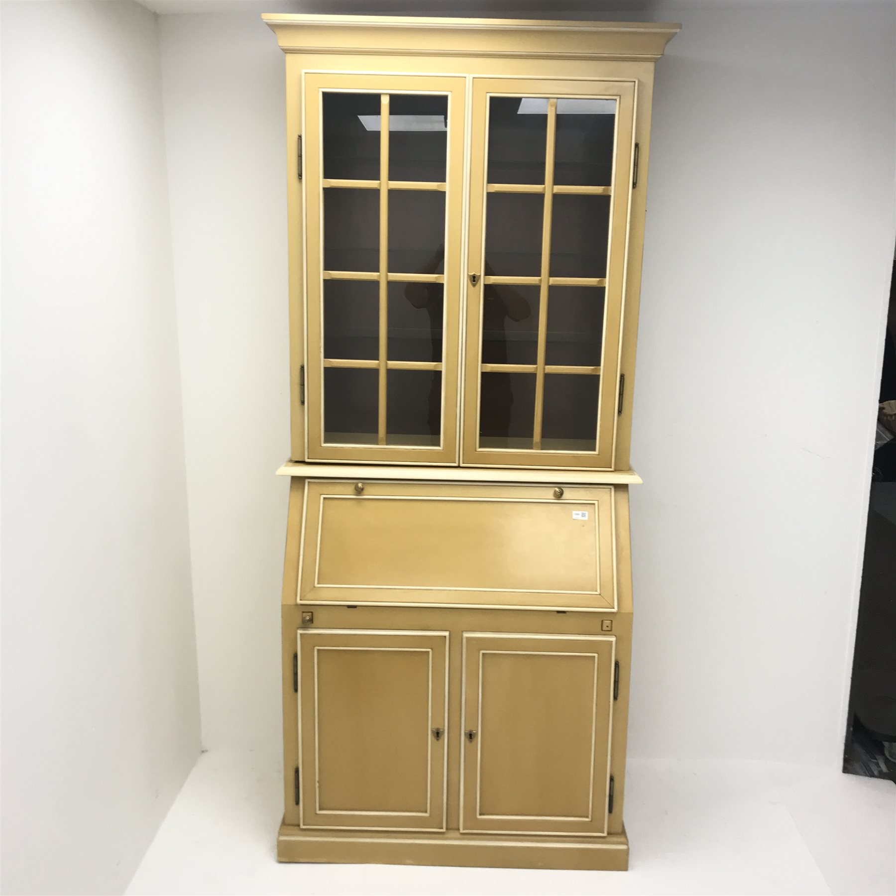 Painted bureau bookcase , projecting cornice, two doors above fall front enclosing fitted interior, - Image 3 of 8