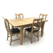 Light oak extending dining table, square tapering su[pports (W165cm & 125cm, H78cm, D91cm) and set f