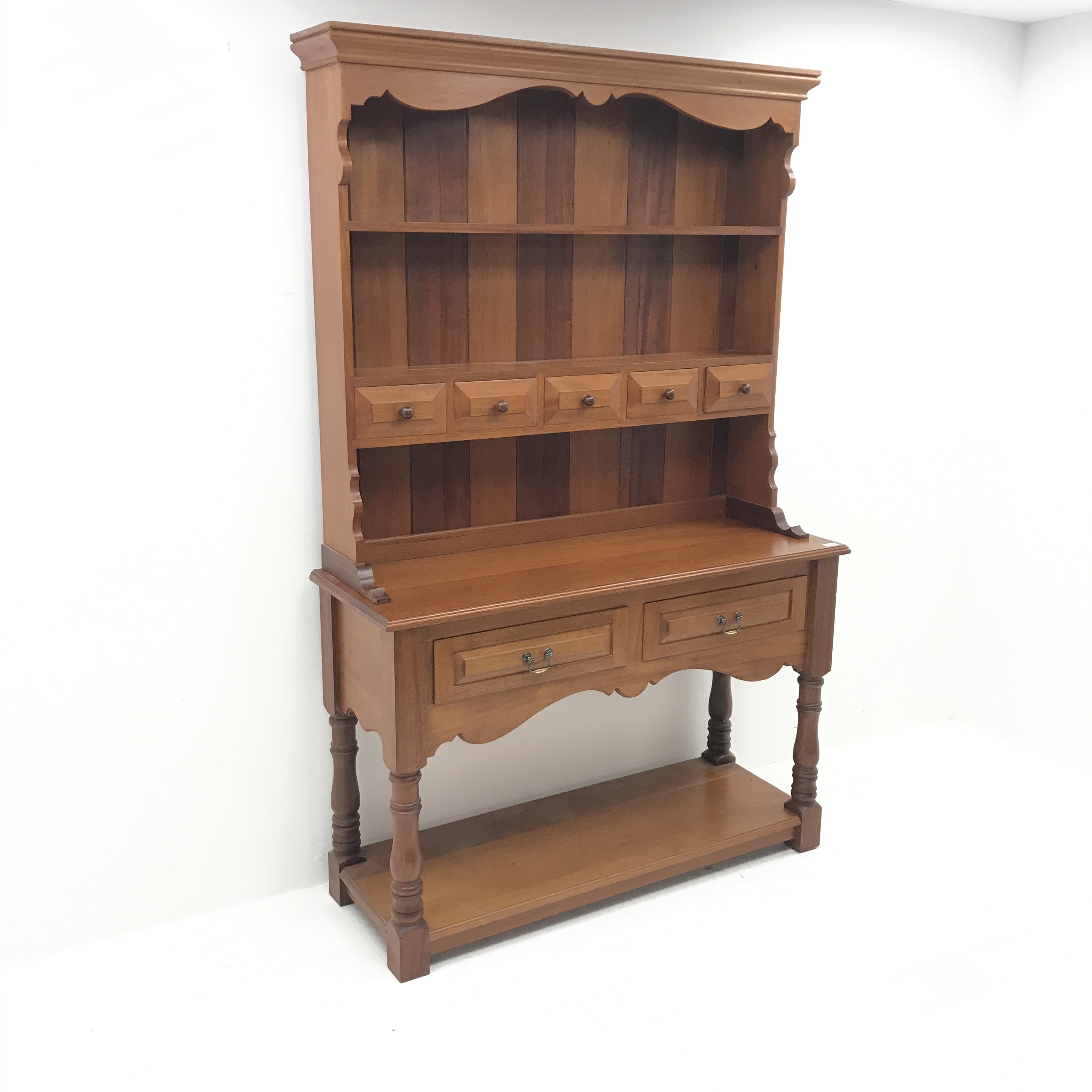 20th century mahogany dresser, raised two tier plate rack with five trinket and two drawers, turned - Image 8 of 10