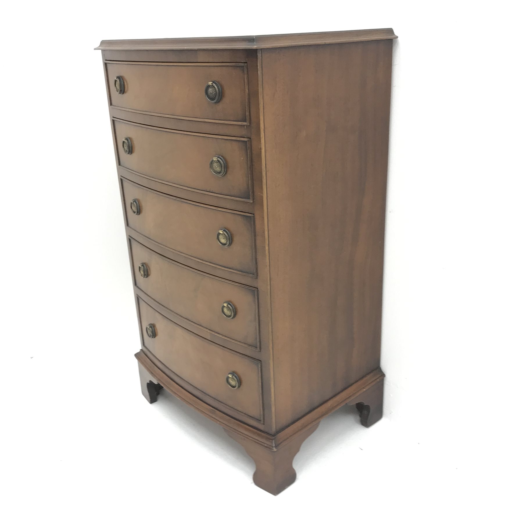 Regency style mahogany bow front chest, five graduating drawers, bracket shaped supports, W54cm, H93 - Image 3 of 8