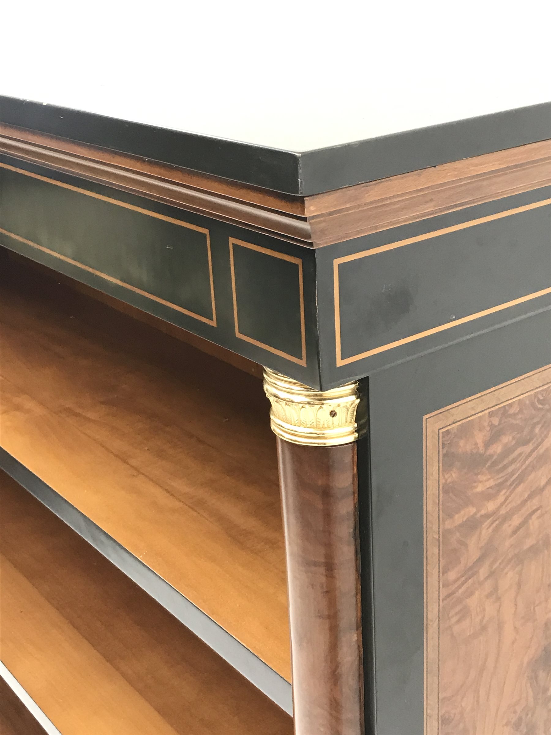Empire style inlaid ash curl open bookcase, projecting cornice, two adjustable shelves flanked by bl - Image 6 of 10