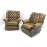 Pair Pegasus armchairs upholstered in deeply buttoned antique brown leather, W85cm