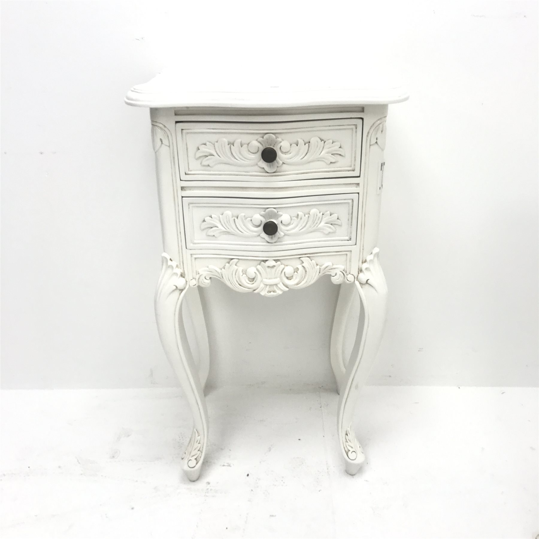 Pair French style two drawer bedside lamp chests, shaped top, two drawers, shell carved cabriole leg - Image 2 of 9
