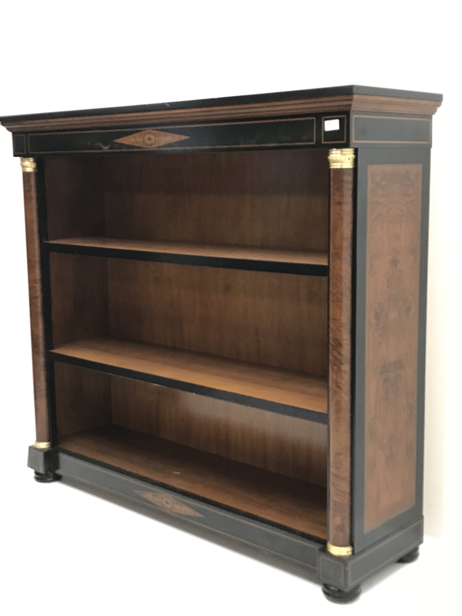 Empire style inlaid ash curl open bookcase, projecting cornice, two adjustable shelves flanked by bl - Image 3 of 10