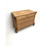 Victorian pine chest, shaped moulded top, two short and two long drawers, turned supports, W110cm, H