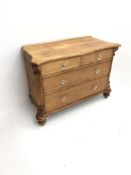 Victorian pine chest, shaped moulded top, two short and two long drawers, turned supports, W110cm, H