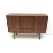 Danish teak side cabinet, three sliding doors above three drawers, turned tapering supports, W166cm