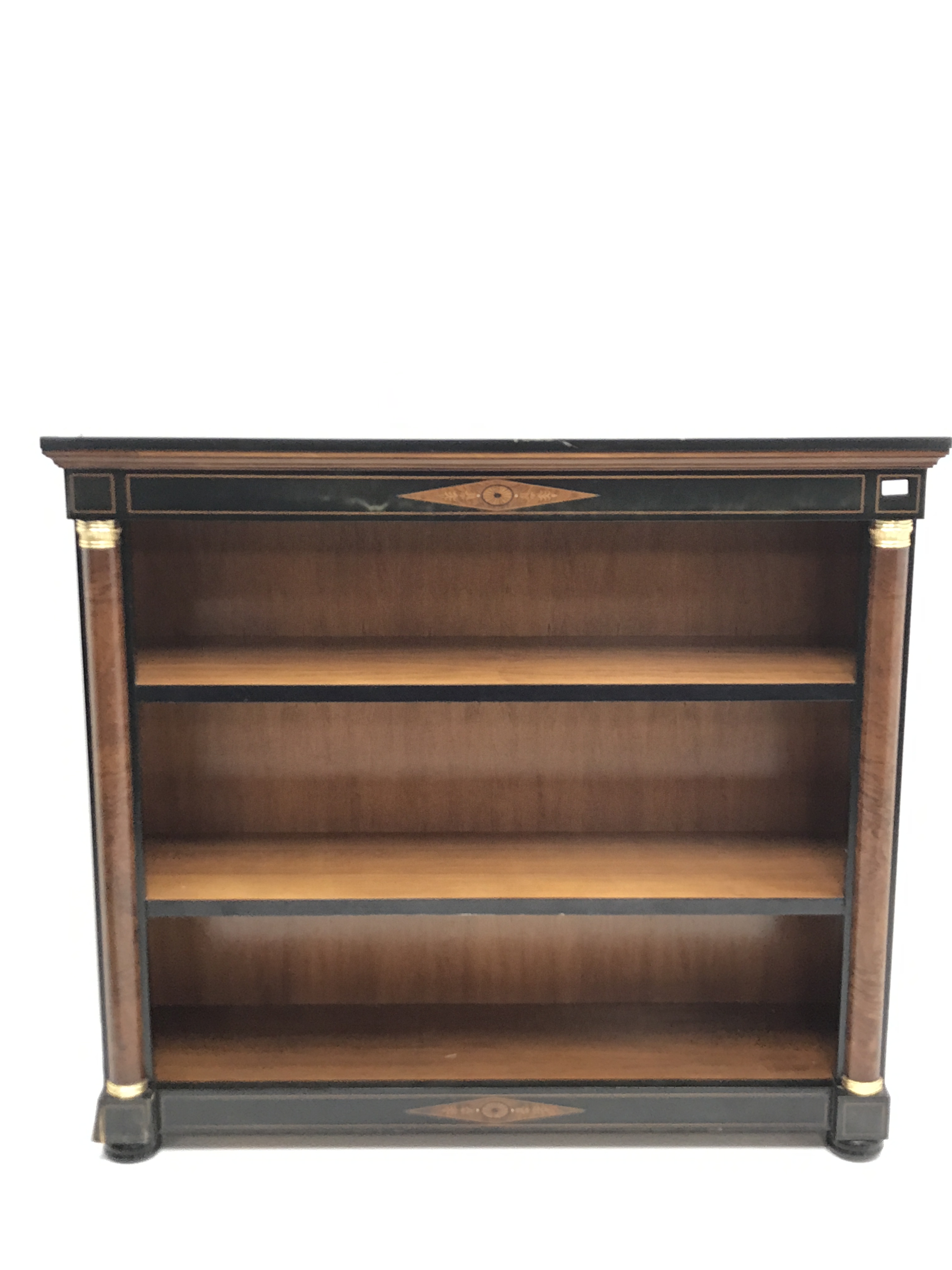 Empire style inlaid ash curl open bookcase, projecting cornice, two adjustable shelves flanked by bl