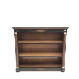 Empire style inlaid ash curl open bookcase, projecting cornice, two adjustable shelves flanked by bl