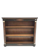 Empire style inlaid ash curl open bookcase, projecting cornice, two adjustable shelves flanked by bl