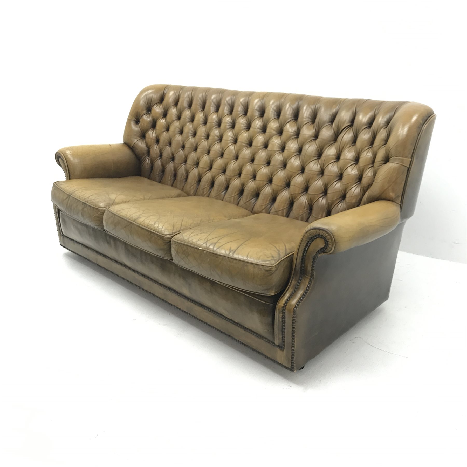 Pegasus three seat sofa upholstered in deeply buttoned antique brown leather, W185cm - Image 4 of 12