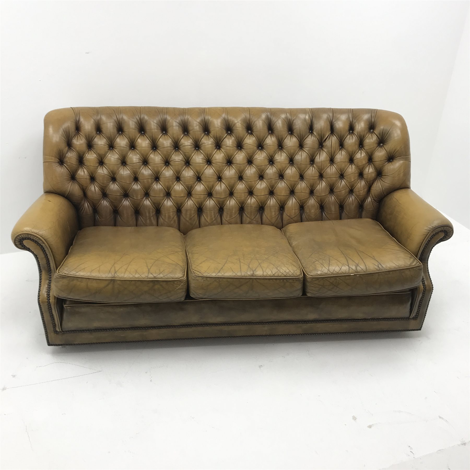 Pegasus three seat sofa upholstered in deeply buttoned antique brown leather, W185cm - Image 3 of 12