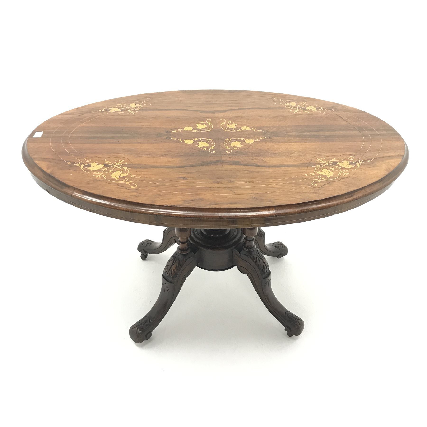 Victorian inlaid oval walnut loo table, five turned columns on four carved scrolling feet, W119cm, H - Image 3 of 10