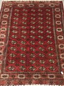 Turkman Tekke Bokhara red ground rug, the field and border decorated with guls, 177cm x 213cm