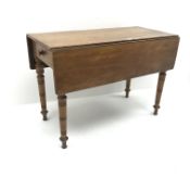 Early 20th century satin walnut Pembroke drop leaf table, ring turned supports, brass capped feet, W