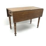 Early 20th century satin walnut Pembroke drop leaf table, ring turned supports, brass capped feet, W