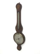 Early 19th century mahogany banjo barometer, inlaid with shell and flower head motif, with thermomet