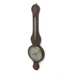Early 19th century mahogany banjo barometer, inlaid with shell and flower head motif, with thermomet