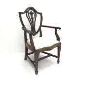 Hepplewhite style mahogany armchair, upholstered serpentine seat, square tapering supports on spade
