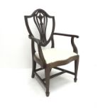 Hepplewhite style mahogany armchair, upholstered serpentine seat, square tapering supports on spade