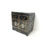 Oriental style black lacquered cabinet with Shibayama type decoration, W62cm, H61cm, D41cm